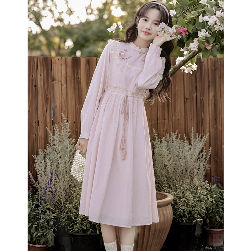 Spring embroidery bow dress slim retro long dress