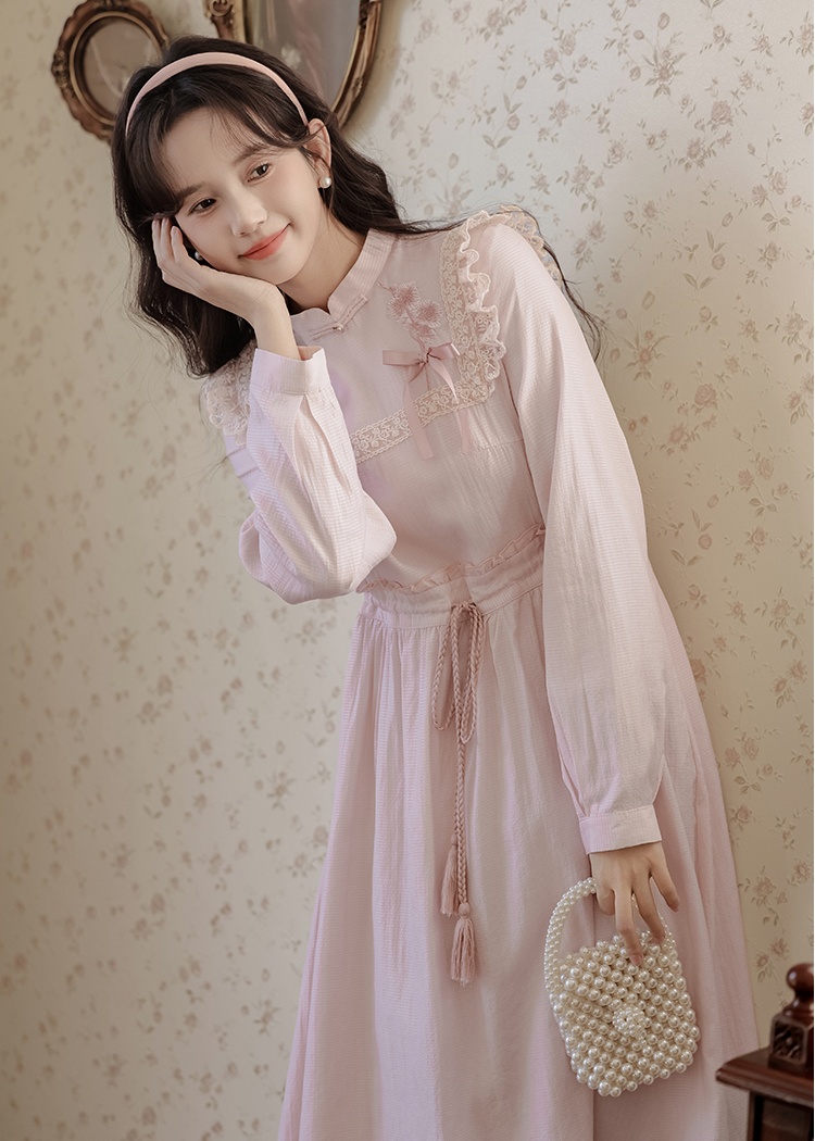 Spring embroidery bow dress slim retro long dress