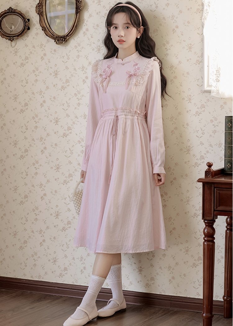 Spring embroidery bow dress slim retro long dress
