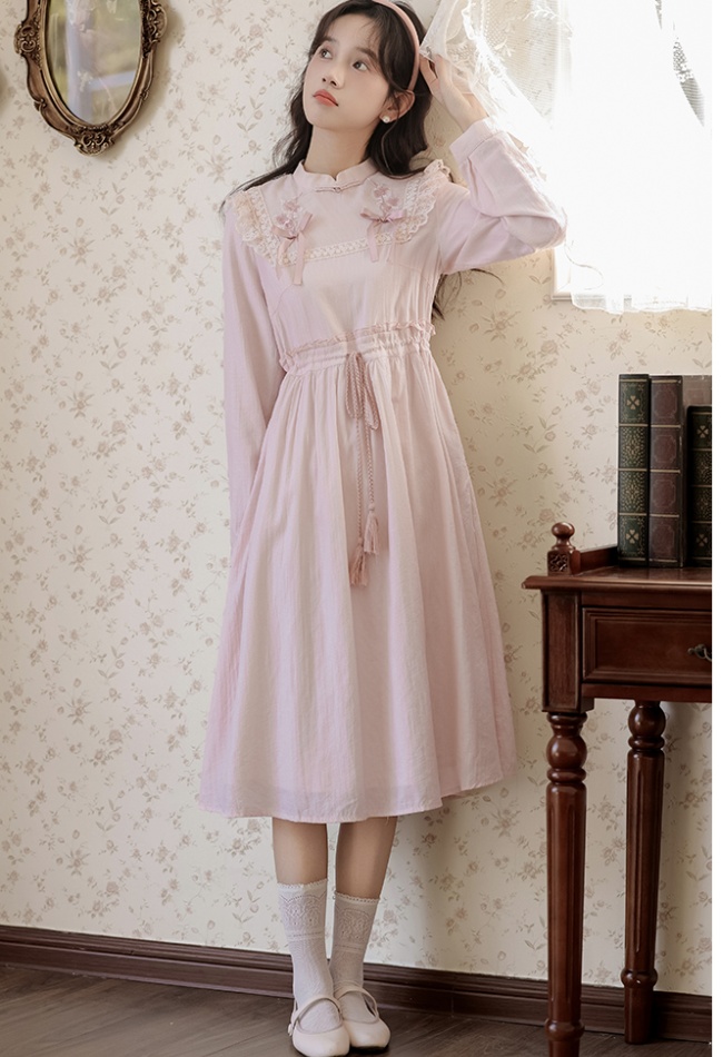 Spring embroidery bow dress slim retro long dress