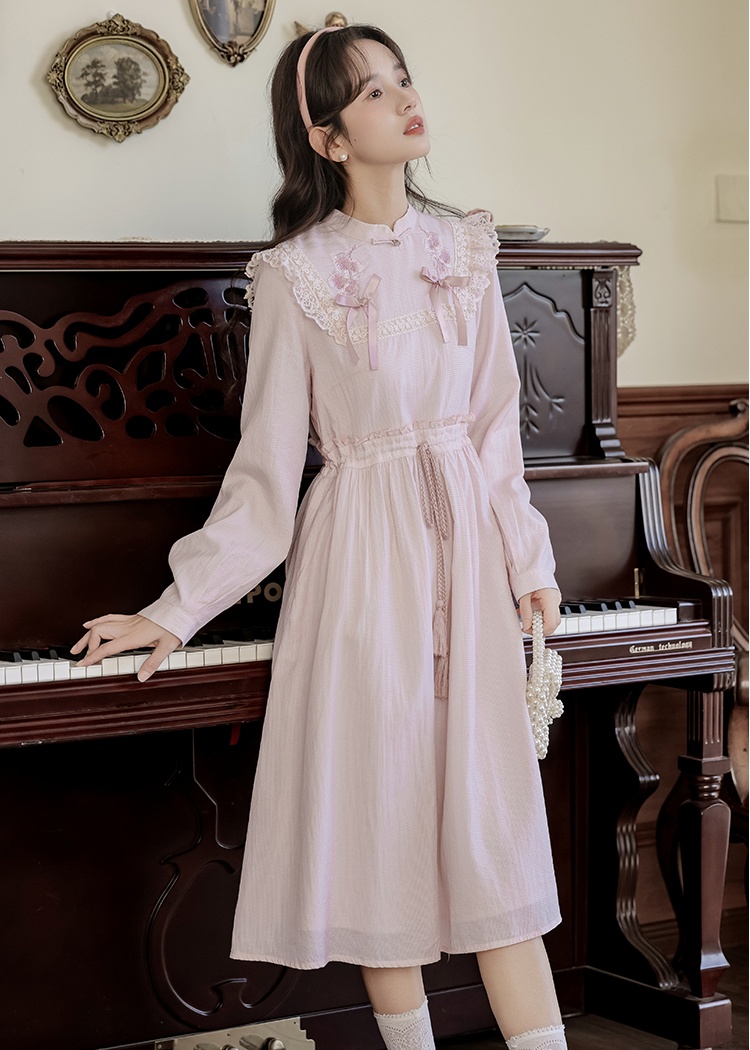 Spring embroidery bow dress slim retro long dress