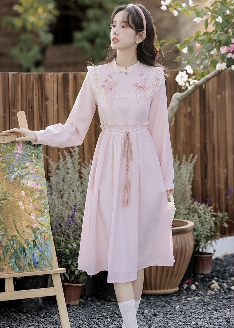 Spring embroidery bow dress slim retro long dress