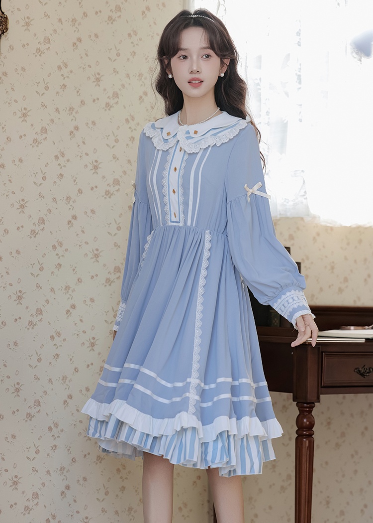 Navy collar slim spring and autumn long sleeve dress