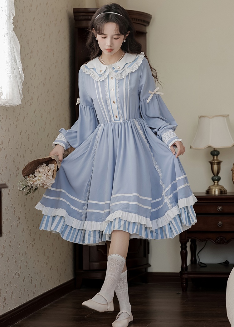 Navy collar slim spring and autumn long sleeve dress