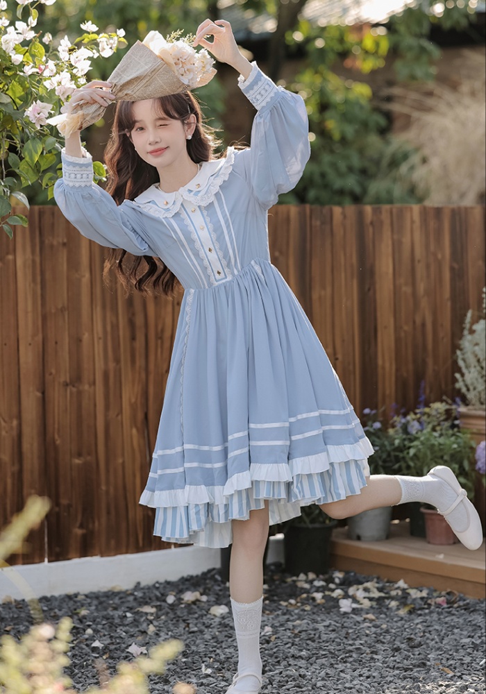 Navy collar slim spring and autumn long sleeve dress