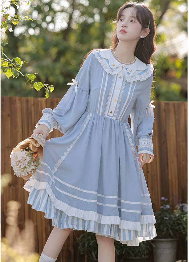 Navy collar slim spring and autumn long sleeve dress
