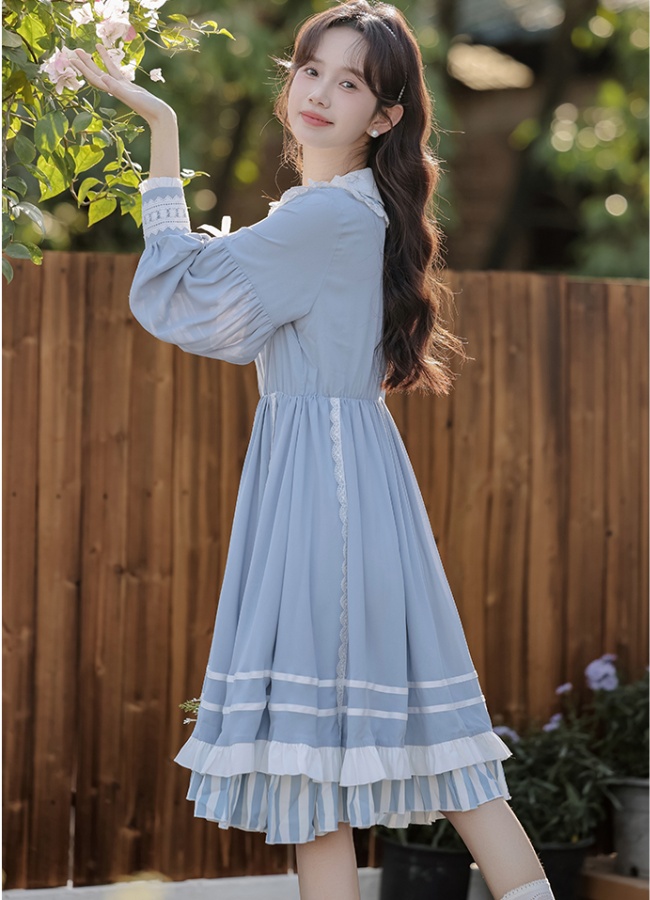Navy collar slim spring and autumn long sleeve dress