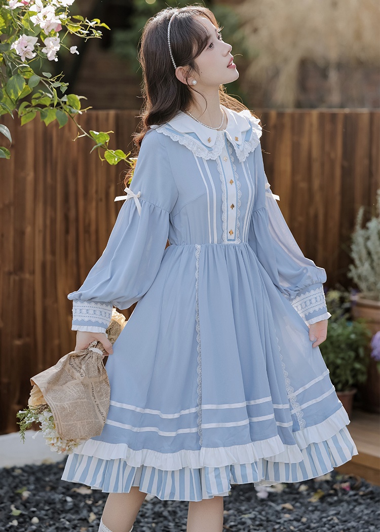 Navy collar slim spring and autumn long sleeve dress