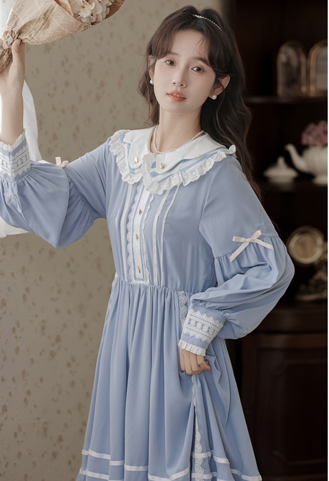 Navy collar slim spring and autumn long sleeve dress