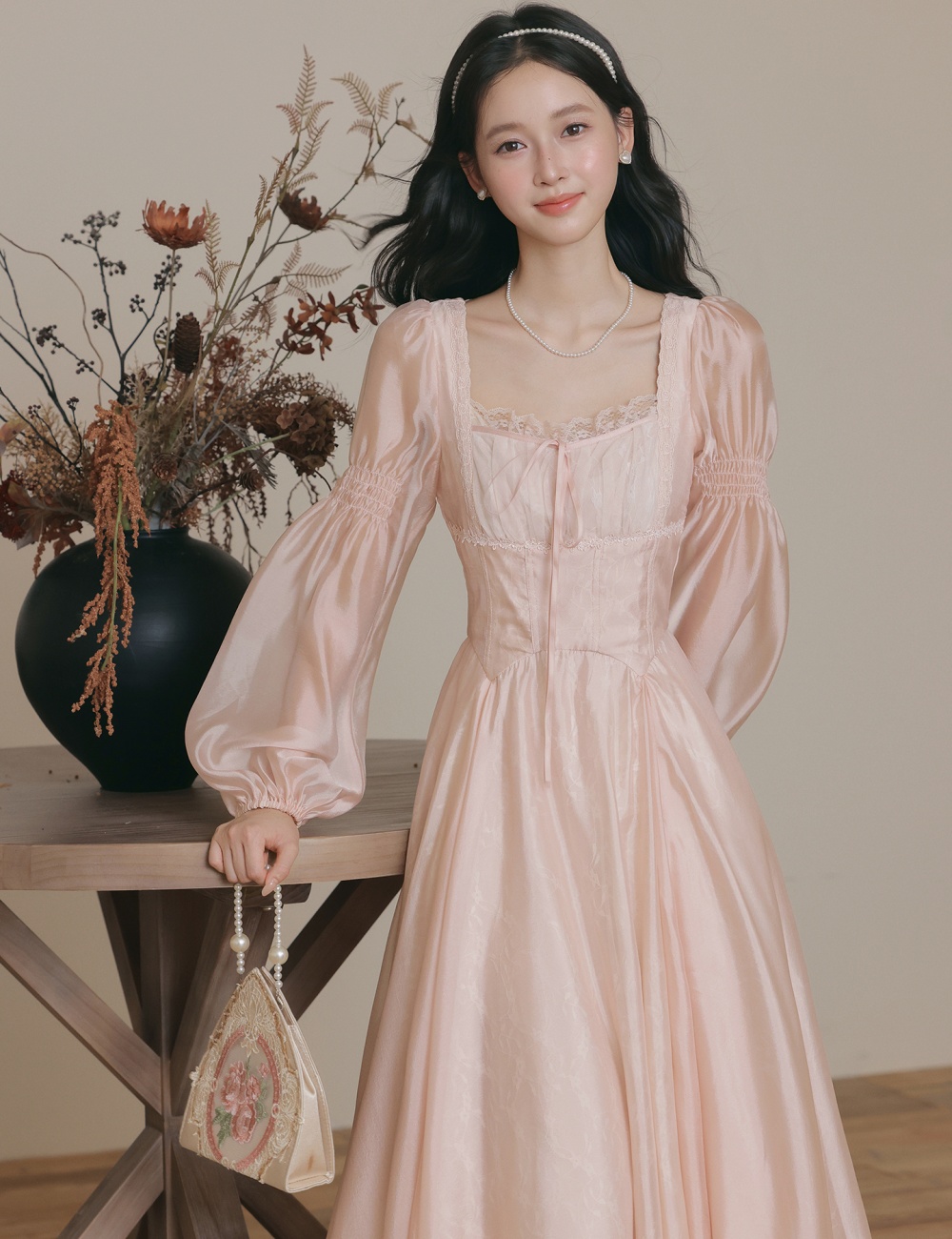 Pinched waist slim gauze art retro France style lace dress