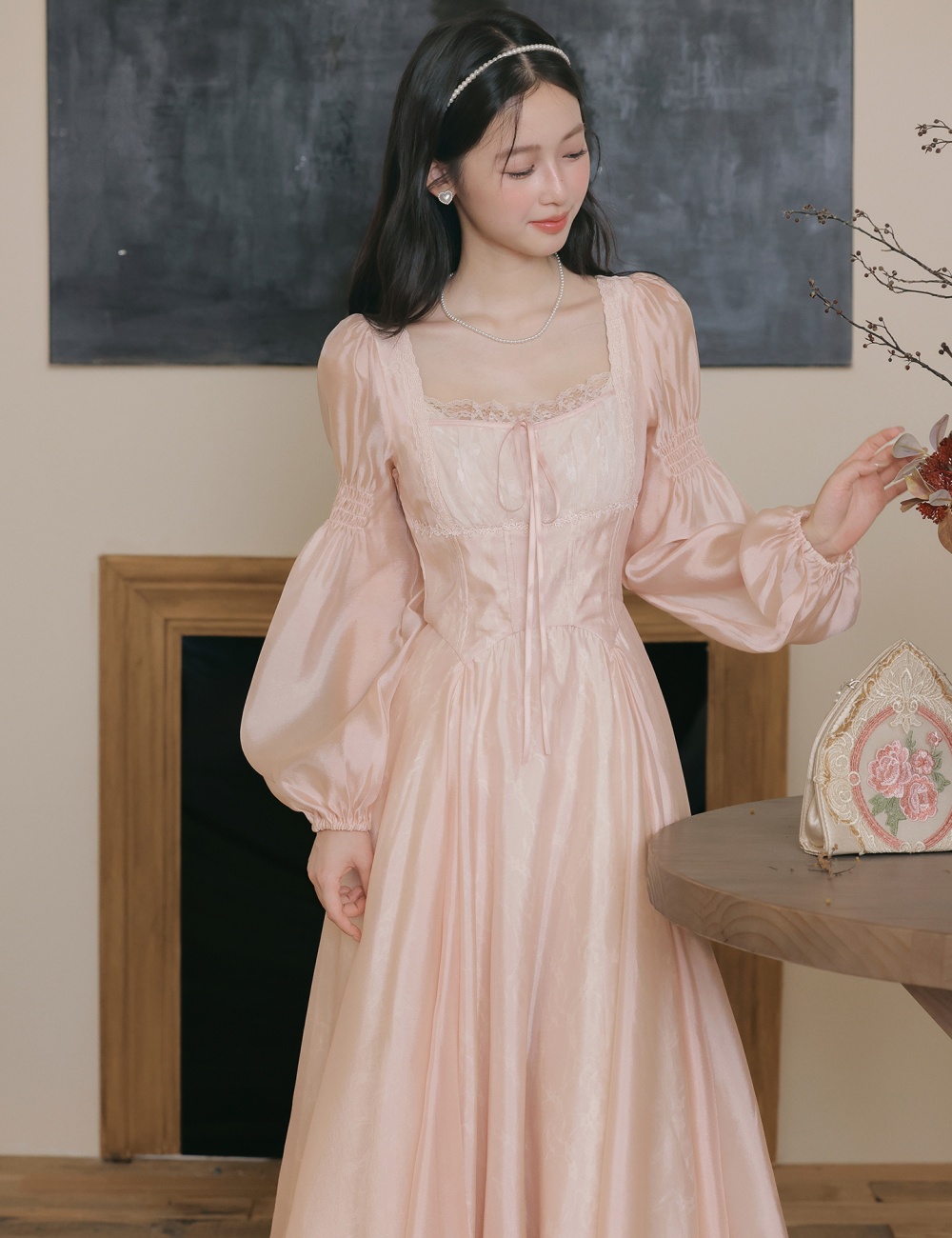 Pinched waist slim gauze art retro France style lace dress
