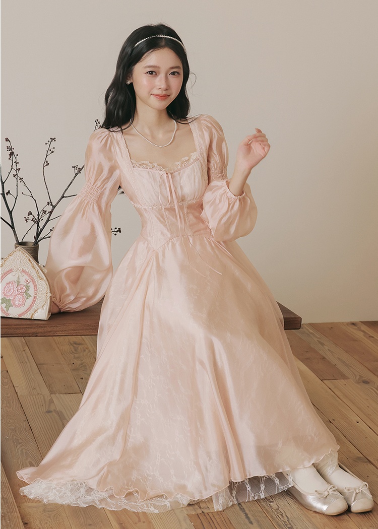 Pinched waist slim gauze art retro France style lace dress
