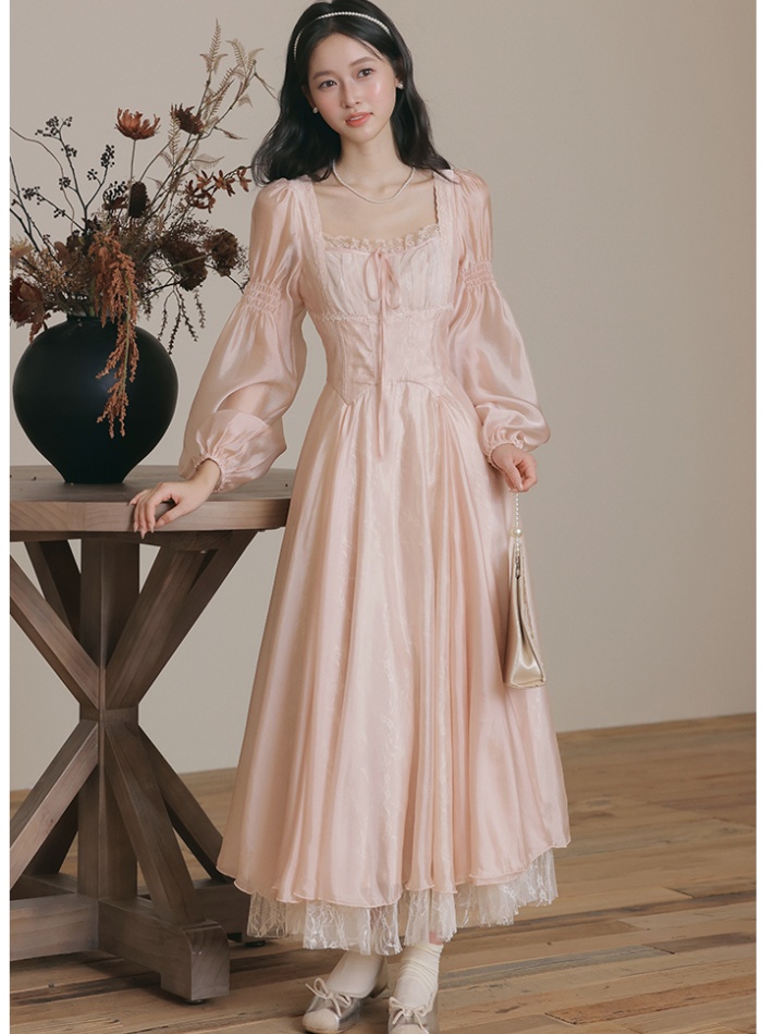 Pinched waist slim gauze art retro France style lace dress