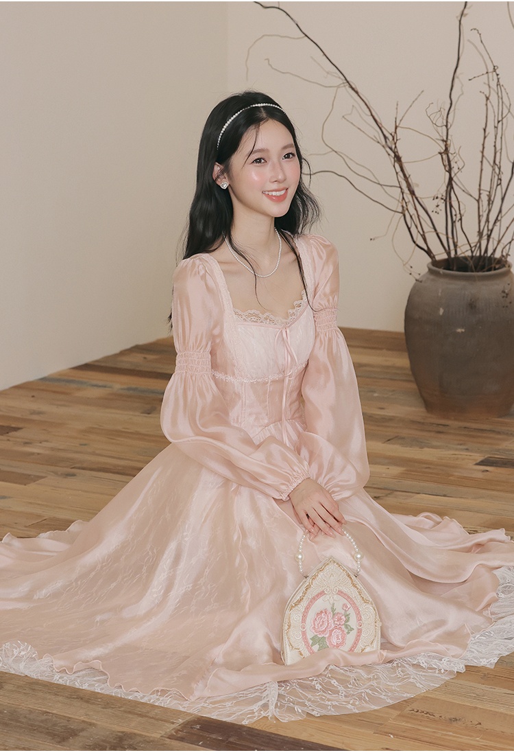 Pinched waist slim gauze art retro France style lace dress