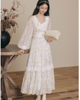 Court style autumn floral V-neck purple dress for women
