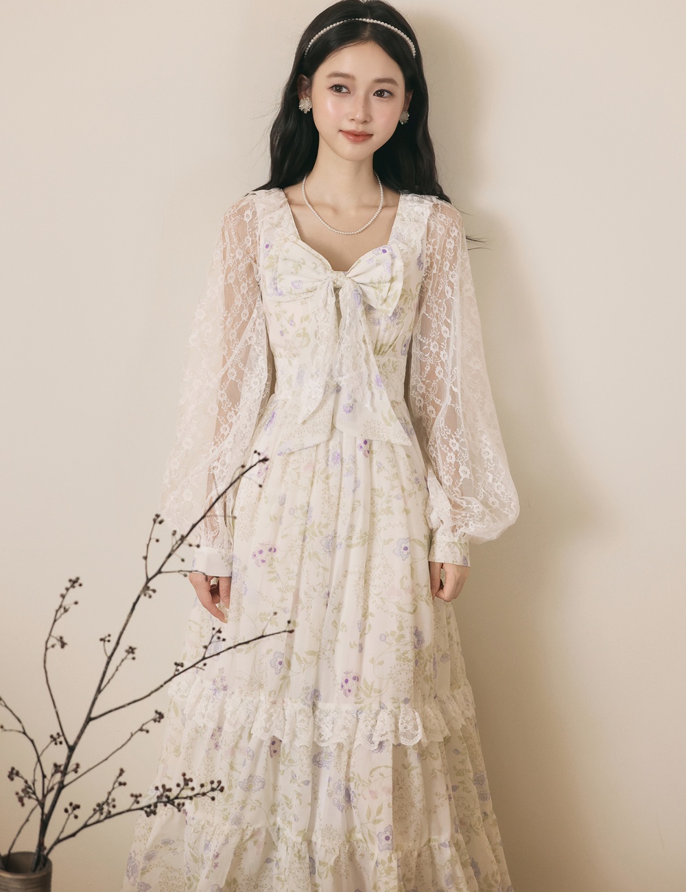 Court style autumn floral V-neck purple dress for women