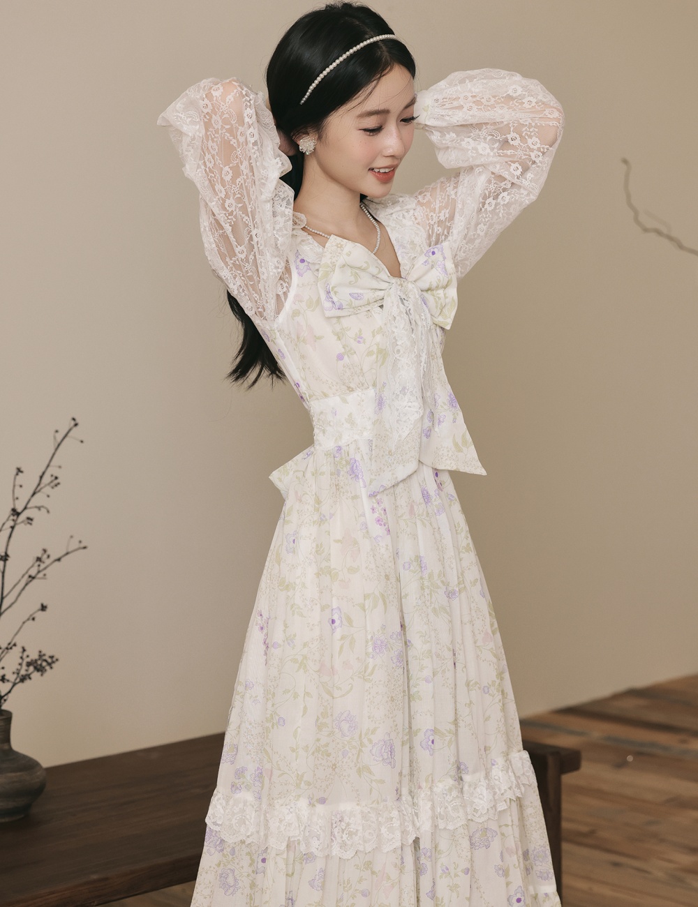 Court style autumn floral V-neck purple dress for women