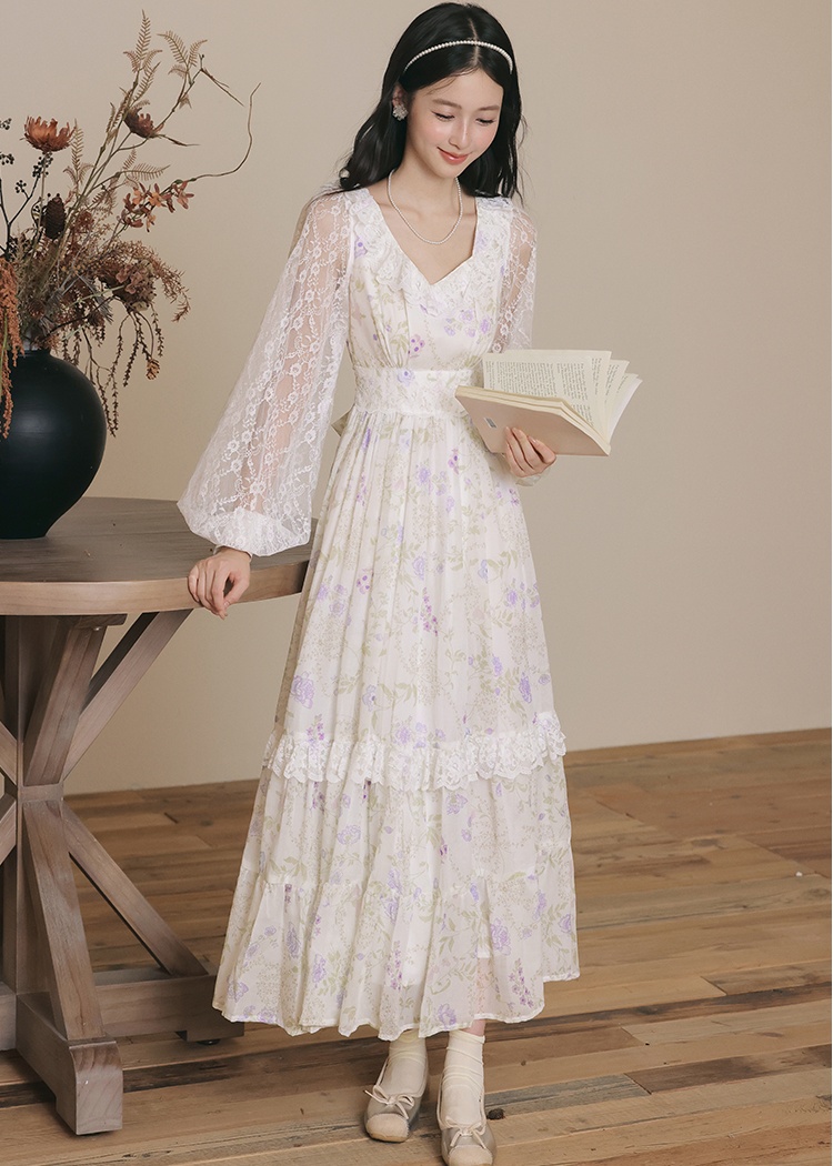 Court style autumn floral V-neck purple dress for women