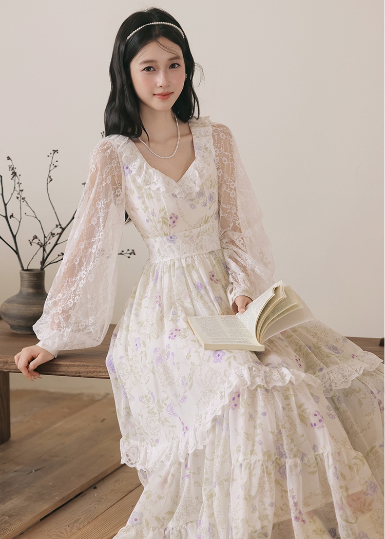 Court style autumn floral V-neck purple dress for women