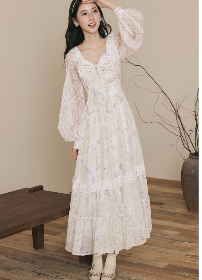 Court style autumn floral V-neck purple dress for women