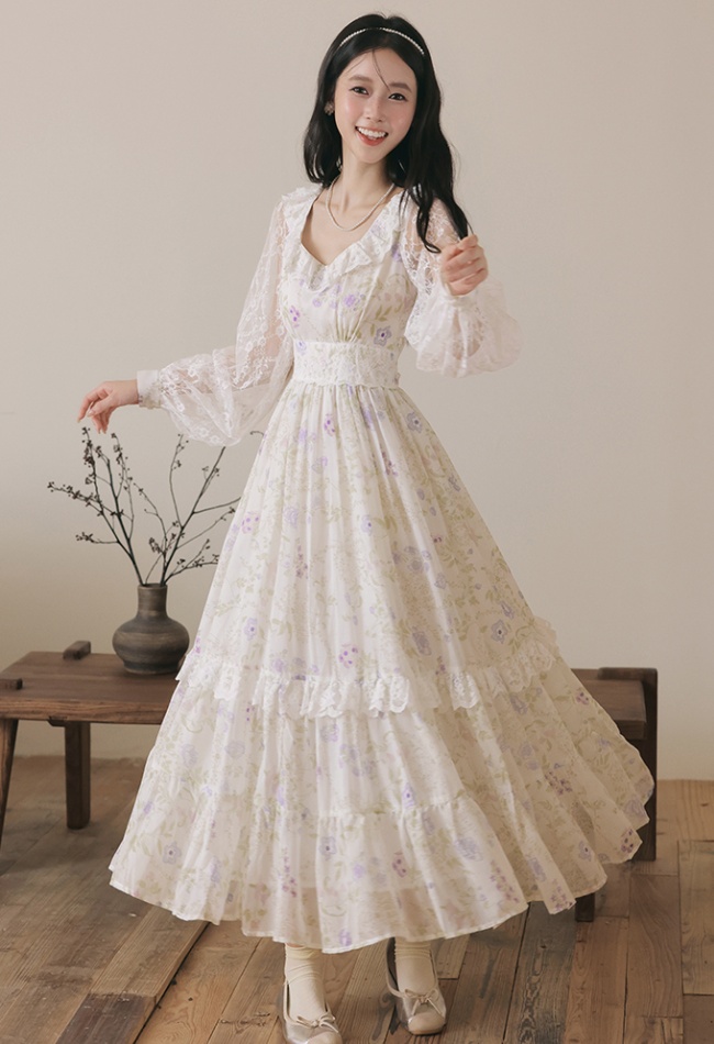 Court style autumn floral V-neck purple dress for women