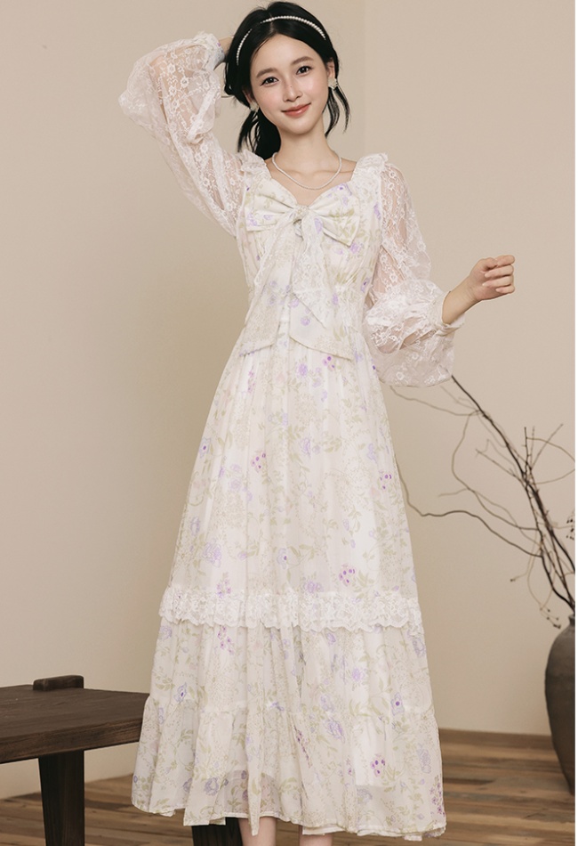 Court style autumn floral V-neck purple dress for women
