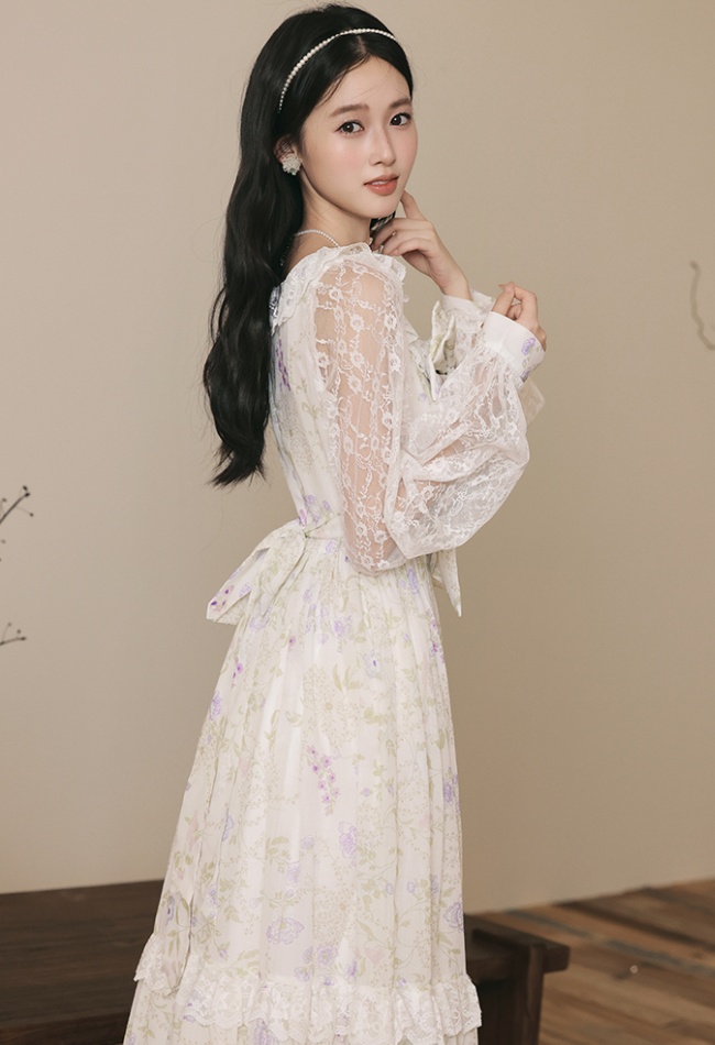 Court style autumn floral V-neck purple dress for women