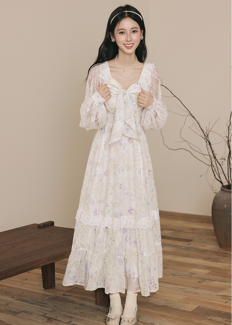 Court style autumn floral V-neck purple dress for women