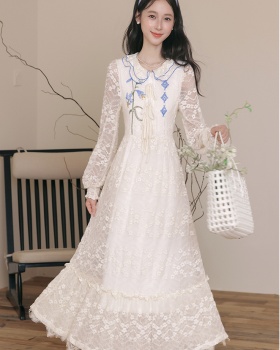 Lace art pinched waist lapel lotus leaf edges retro dress