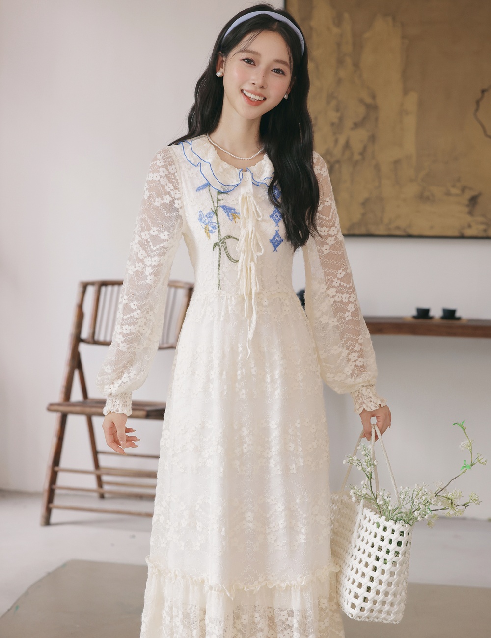 Lace art pinched waist lapel lotus leaf edges retro dress