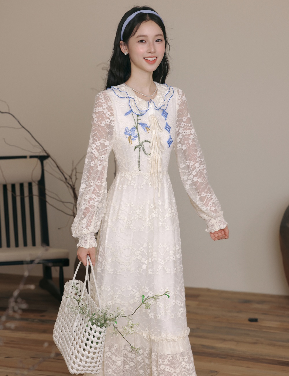 Lace art pinched waist lapel lotus leaf edges retro dress