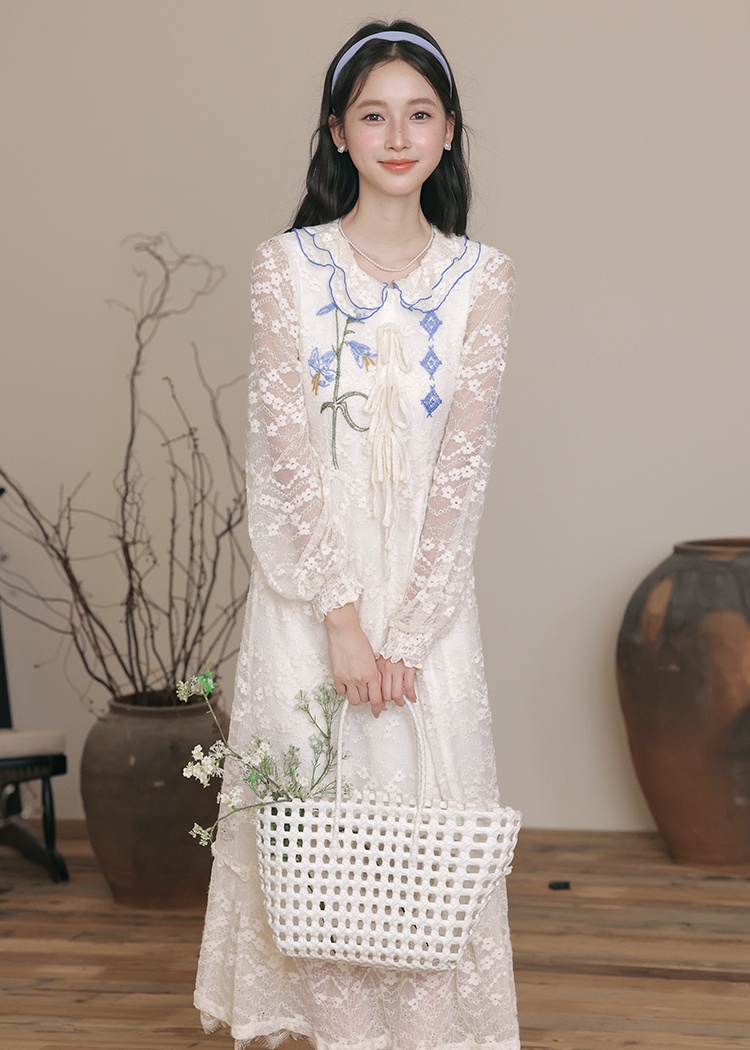 Lace art pinched waist lapel lotus leaf edges retro dress