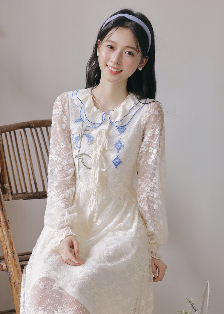 Lace art pinched waist lapel lotus leaf edges retro dress