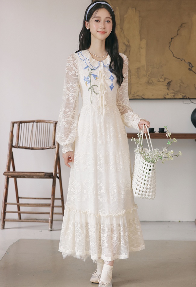 Lace art pinched waist lapel lotus leaf edges retro dress