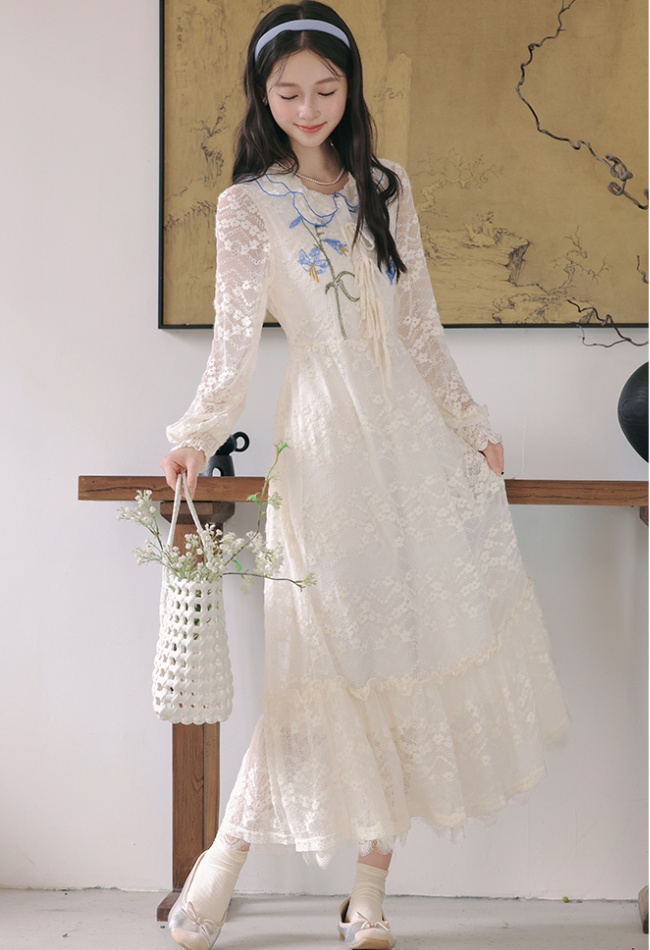 Lace art pinched waist lapel lotus leaf edges retro dress