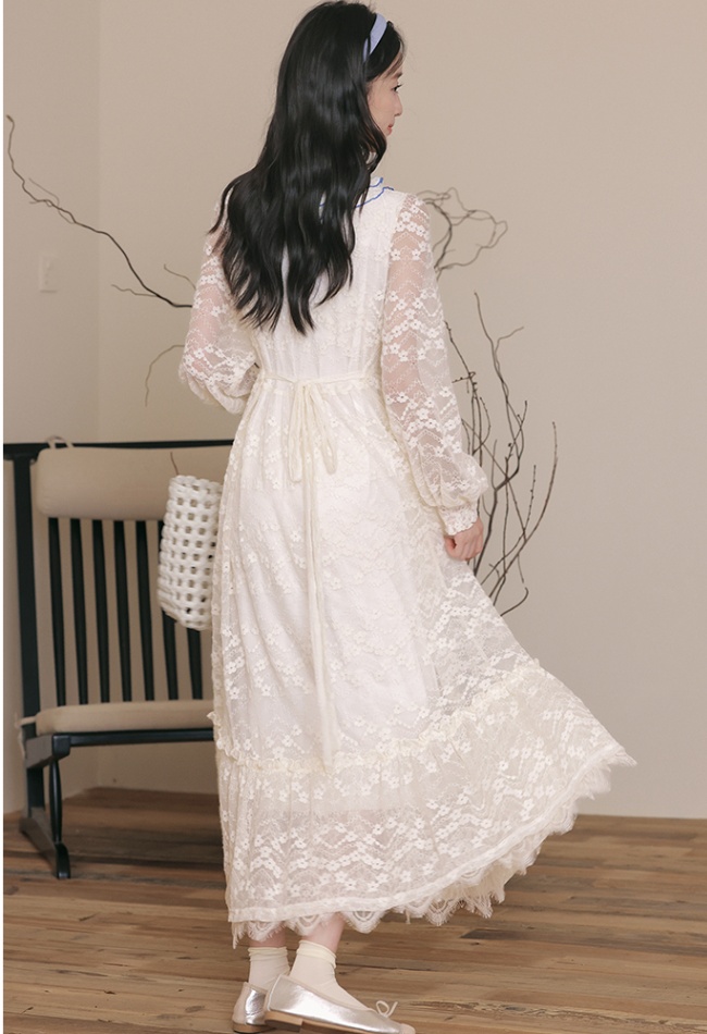 Lace art pinched waist lapel lotus leaf edges retro dress