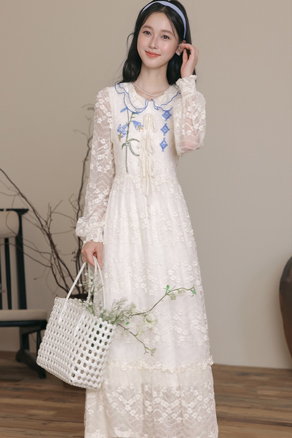 Lace art pinched waist lapel lotus leaf edges retro dress