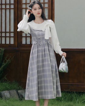 Sweet Pseudo-two slim show young plaid dress for women