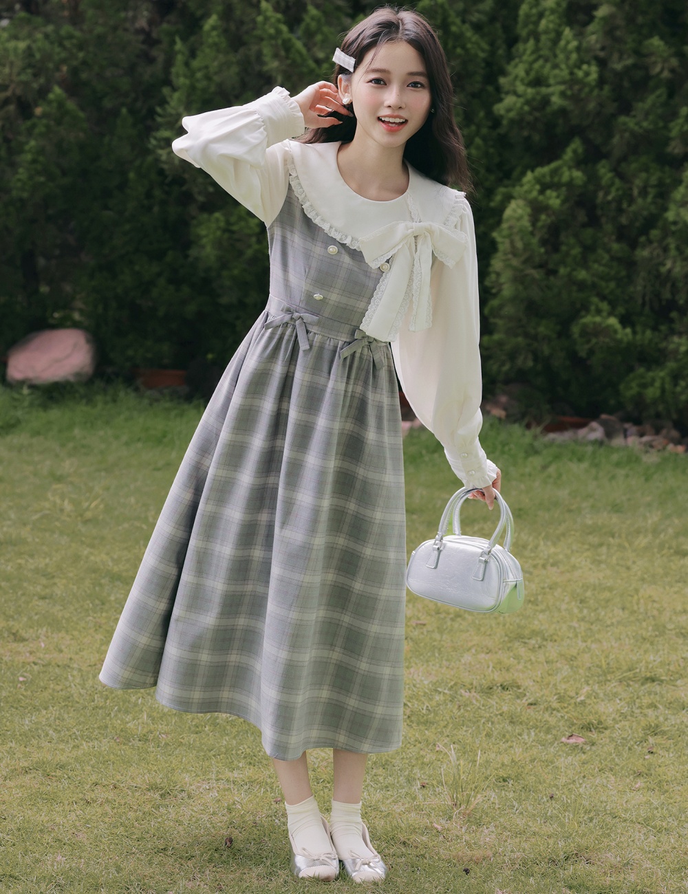 Sweet Pseudo-two slim show young plaid dress for women