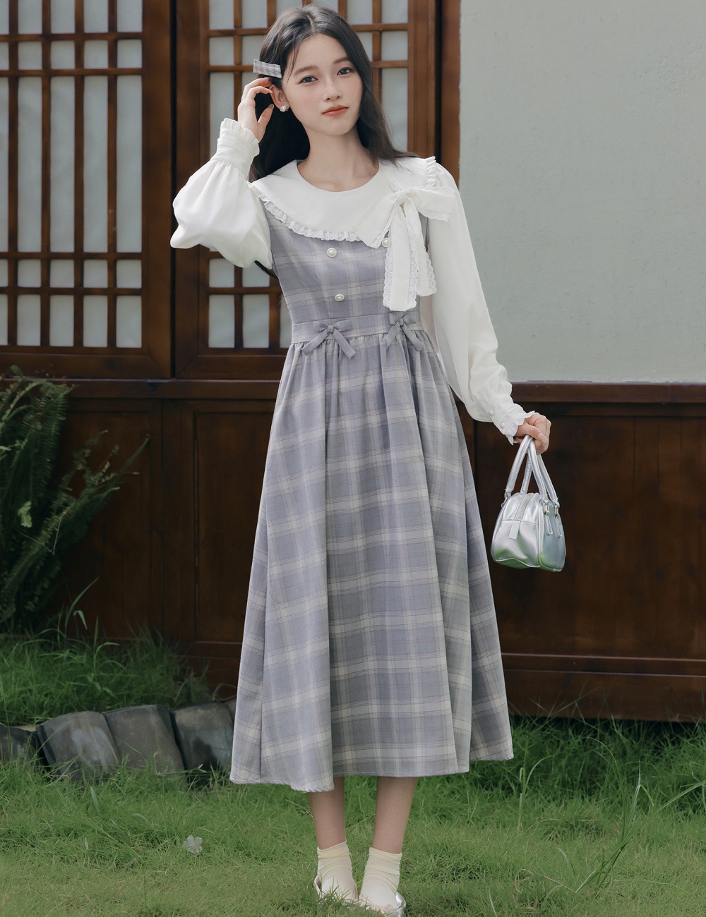Sweet Pseudo-two slim show young plaid dress for women