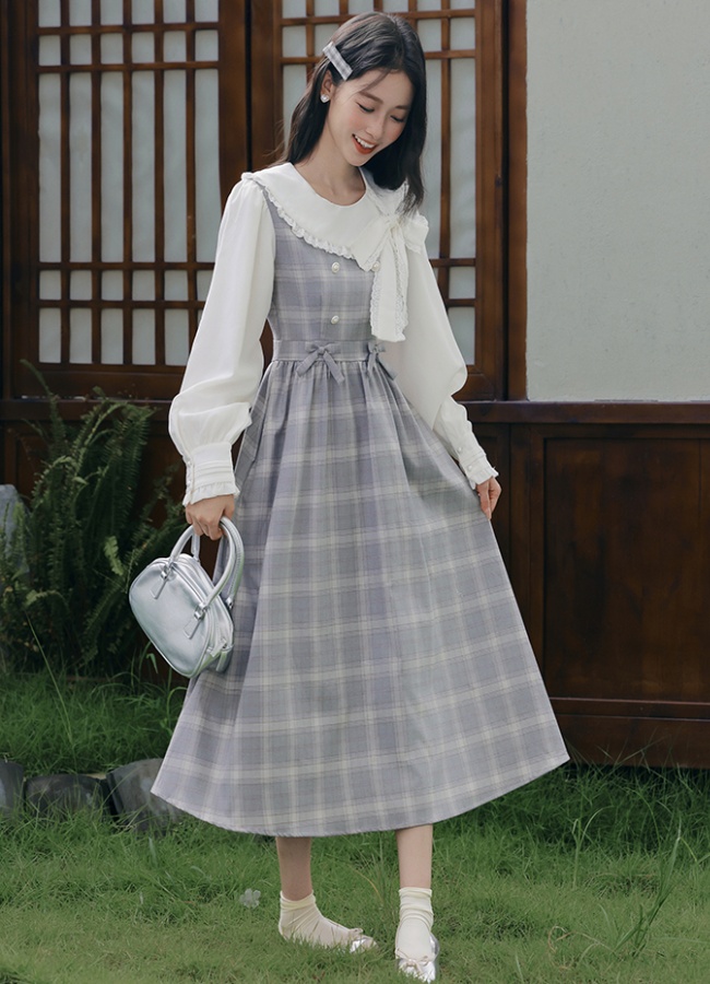 Sweet Pseudo-two slim show young plaid dress for women