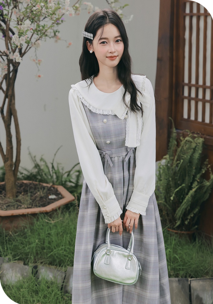 Sweet Pseudo-two slim show young plaid dress for women