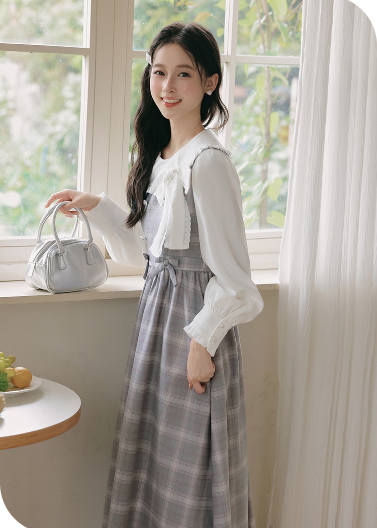 Sweet Pseudo-two slim show young plaid dress for women