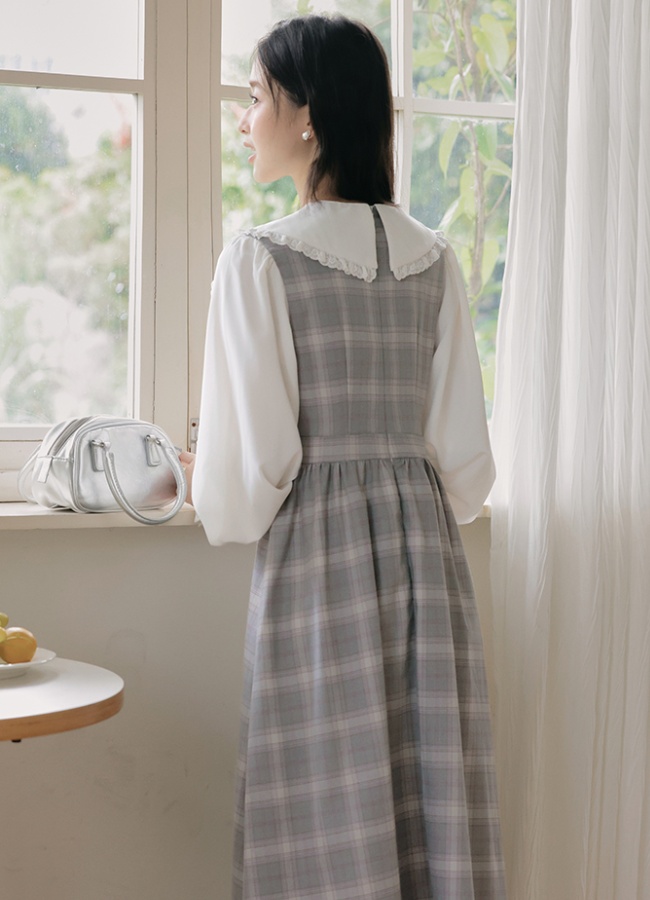 Sweet Pseudo-two slim show young plaid dress for women