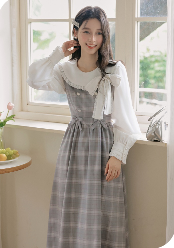 Sweet Pseudo-two slim show young plaid dress for women