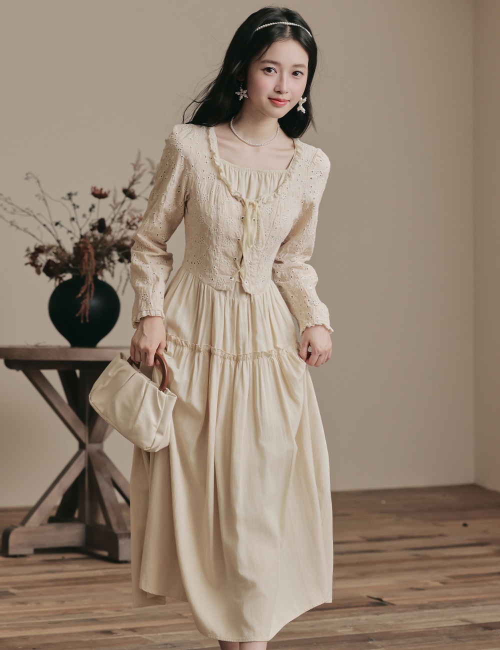 Slim square collar court style retro tender dress