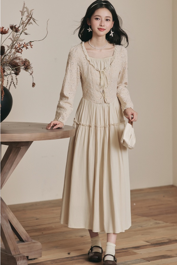 Slim square collar court style retro tender dress