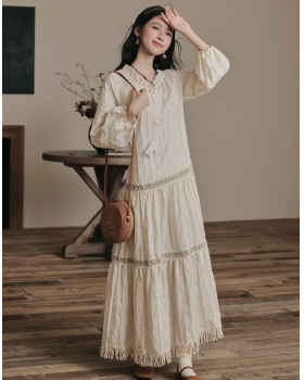 Retro art apricot long sleeve frenum dress
