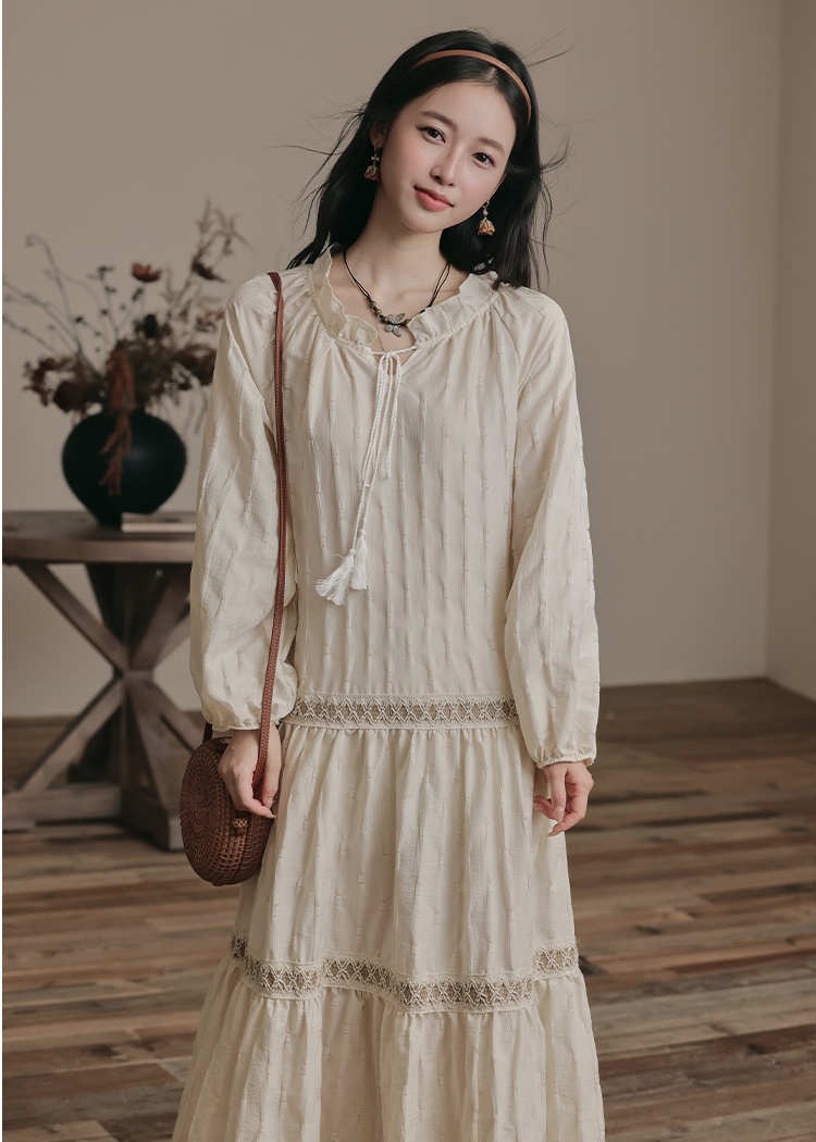 Retro art apricot long sleeve frenum dress