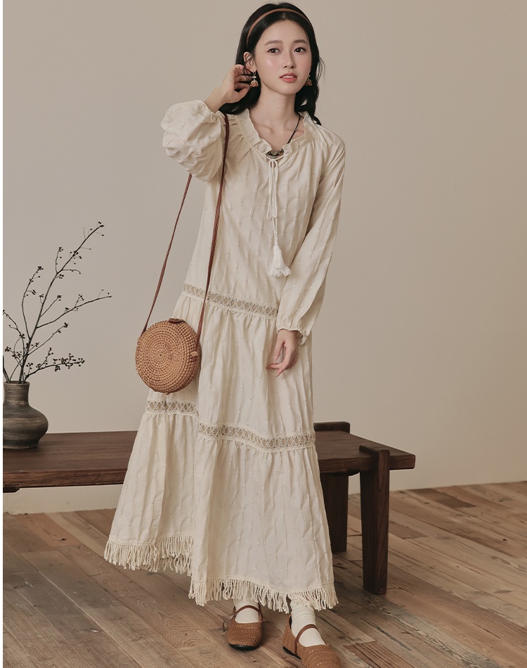 Retro art apricot long sleeve frenum dress